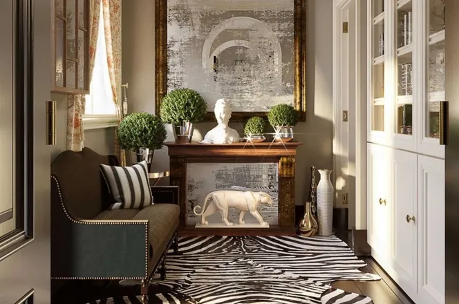 Living room with fireplace, zebra rug and library wall